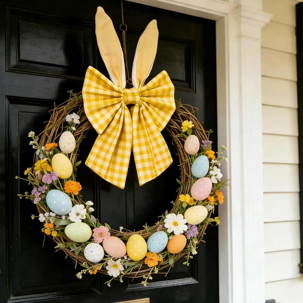16 Inch Rabbit Ear Wreath Bow Grid Pattern Easter Wreath Bow Holiday Fabric Decoration Bow For Spring Tree Front Door Walls