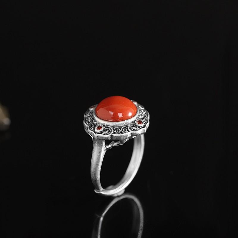 Adjustable Open Ring Men Women Vintage Bohemian Style With Hollow Geometric Plated Red Agate Stone