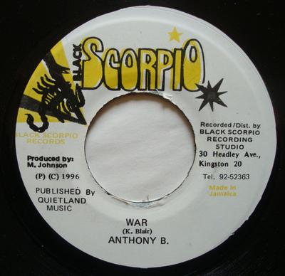 7inch Record ANTHONY B / MAFIA & FLUXY - War / Version Cas Cas NONE Black Scorpio 1996 Jamaica Reggae, Ska & Dub Used