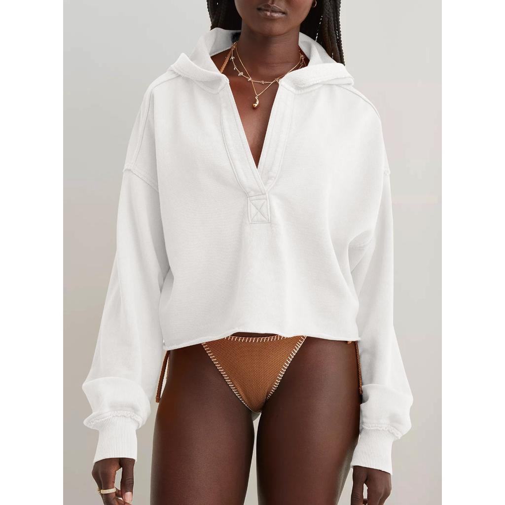 Fashionable Loose and Trendy Hooded Sweatshirt for Women In Spring and Autumn, Women's V-neck Top, Pullover Long Sleeved Shirt