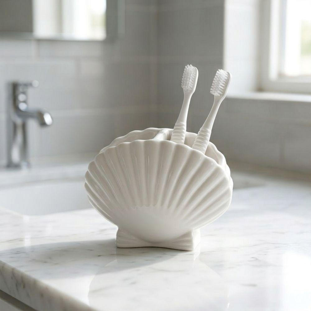 3D Seashell Shell Toothbrush Holder Aesthetic Coastal Style Toothpaste Toothbrush Stand Beach Theme Plastic Desktop Storage Box