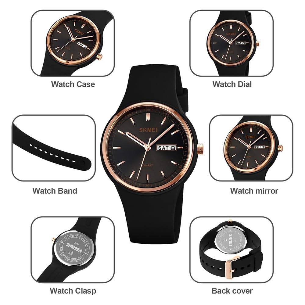 SKMEI Women's Silicone Waterproof Sports Watch Black Simple Casual Design with Date and Day Display