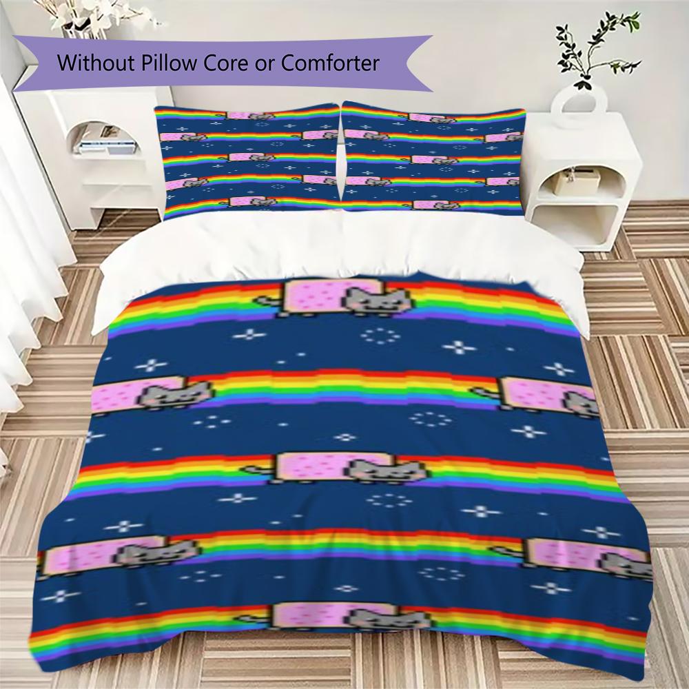 Nyan Cat Pattern Bedding Uilt Set Uilt Cover Pillowcase Home Decoration Birthday Gift (1 * Duvet Cover + 2 * Pillowcase Without Core)99