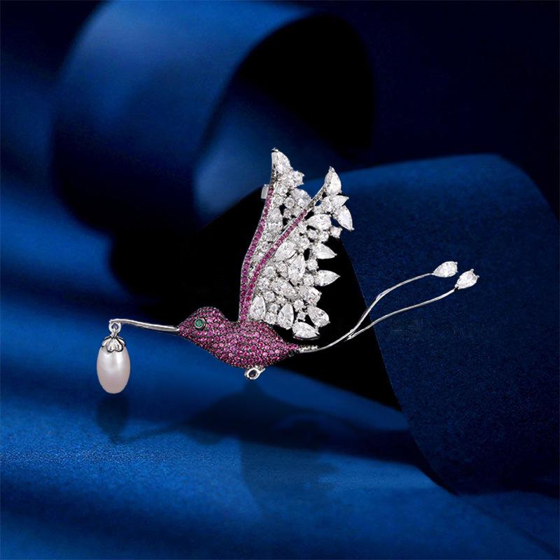 Hummingbird Brooch with Zircon & Freshwater Pearls - Unisex Pin Accessory