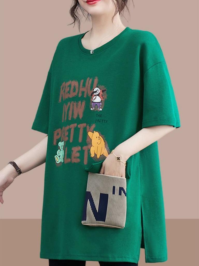 New Summer Women's T-shirt Short-sleeve Cotton Mid-Length Pocket Loose Slim Shirt Split Round Neck Cartoon Letter Printed Tops