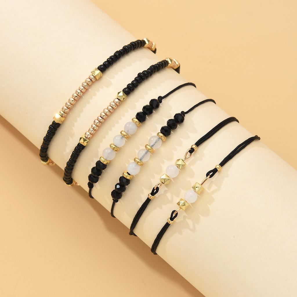 6Pcs/Set Men's Black Rope Braided Beaded Bracelets Handmade Gold Color Multilayer Crystal Bracelets Sets Fashion Prayer Jewelry