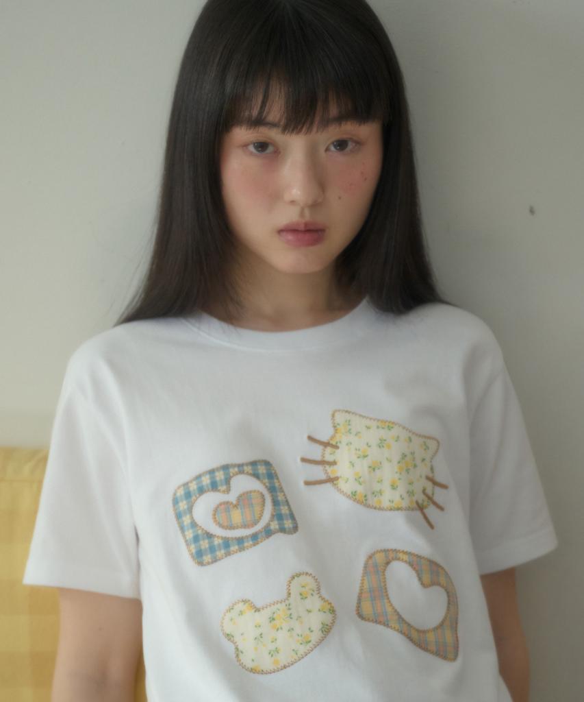 AMBLER Meow Bear Applique Embroidery Short Sleeve T-Shirt As1309 (White)