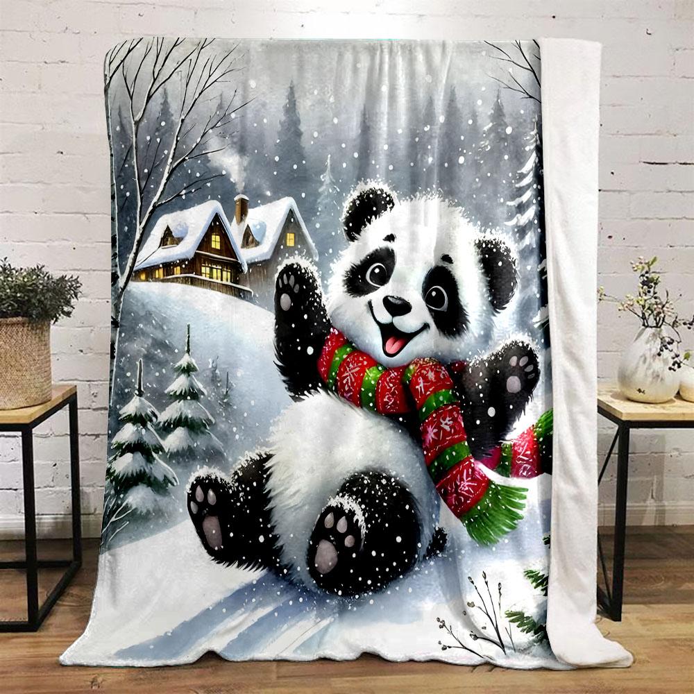 "Panda in Snowy Winter Wonderland" Patterned flannel blanket perfect for the bedroom living room, sofa, or a little nap