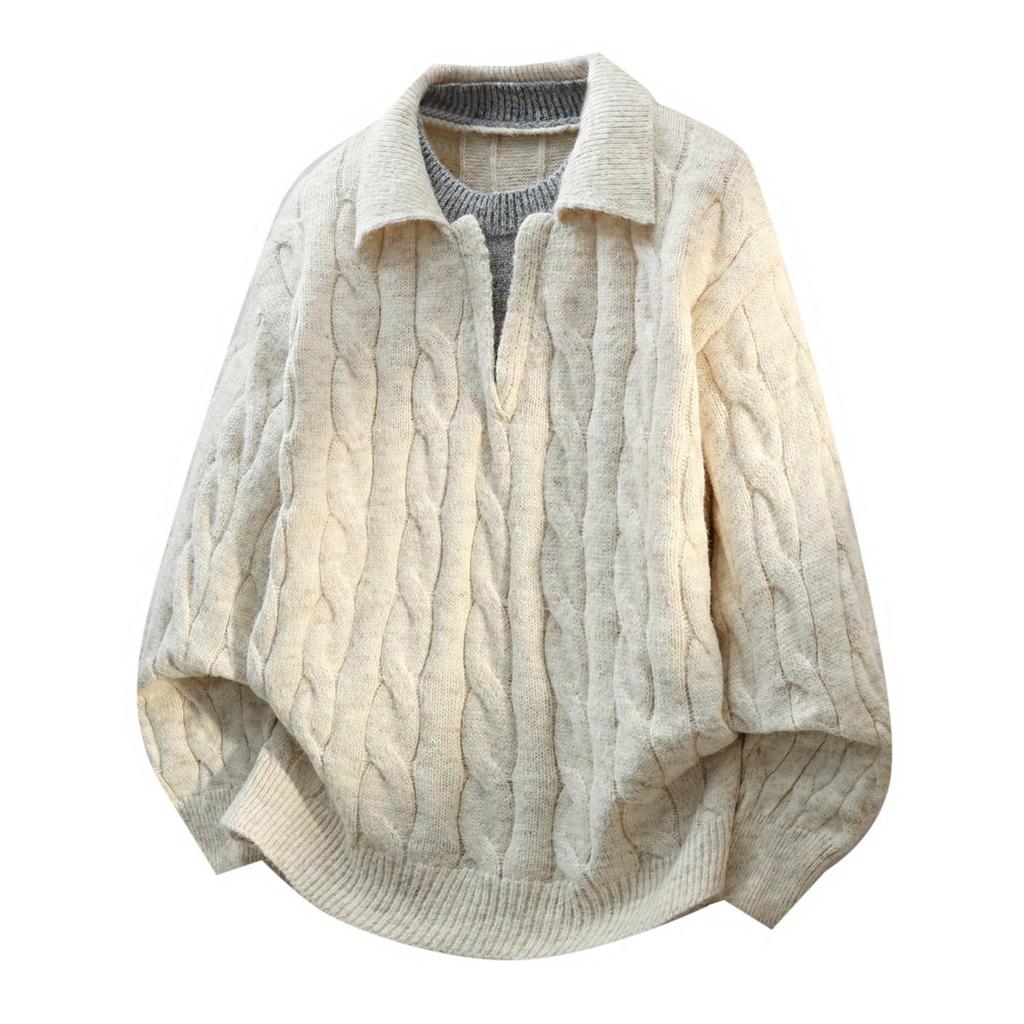 Men's French Retro Cable Knit Sweater - Autumn/Winter Two-Piece, Loose Lapel Style