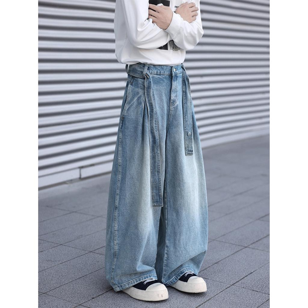 Design Belt Jeans Men's Autumn and Winter Loose Straight Retro Blue Pants American High Street Wide-leg Pants Classic Men's Casual Jeans