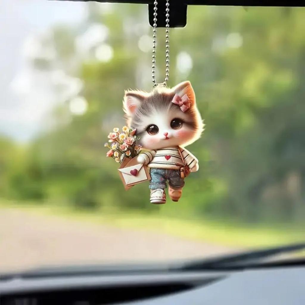 Christmas Car Pendant Cute Cat Car Decoration, Backpack Keychain Set, Unique Bag Car Decoration, Acrylic Rearview Mirror Pendant Pet
