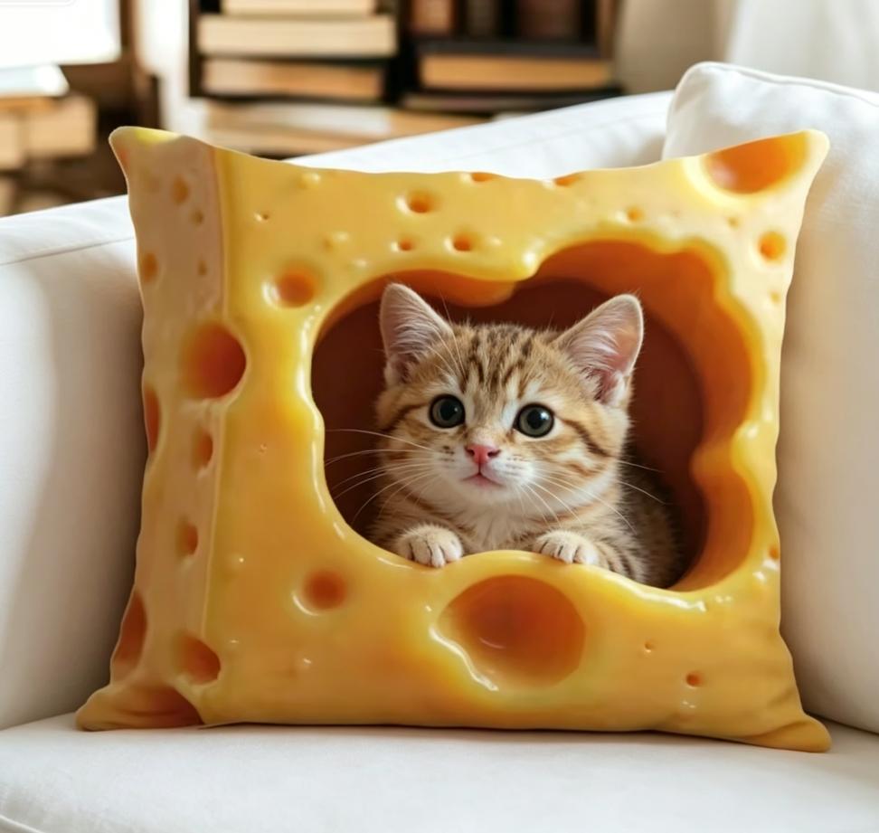 Cute Cat-In-Cushion Cover Cheese Pillow Add A Whimsical Touch To Your Home! Sofa Home Room Dormitory Decoration, 2D Printing