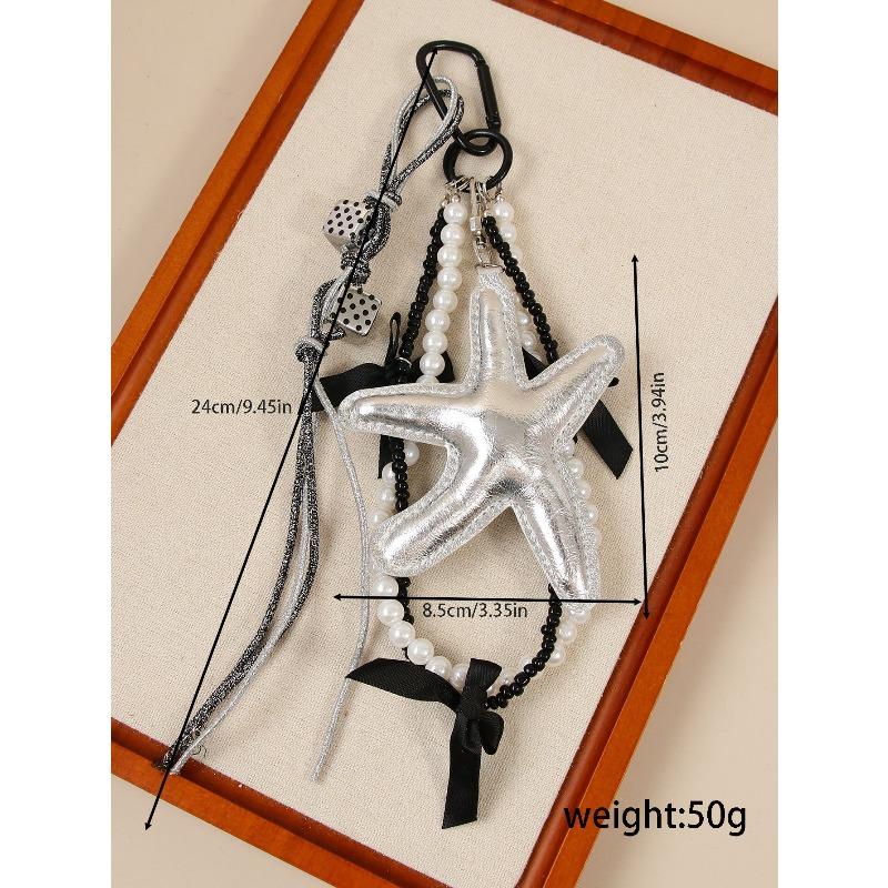 Korean Sweet Delicate Sequin Leather Silver Starfish Pendant Keychain Pearl Chain Bag Pendant