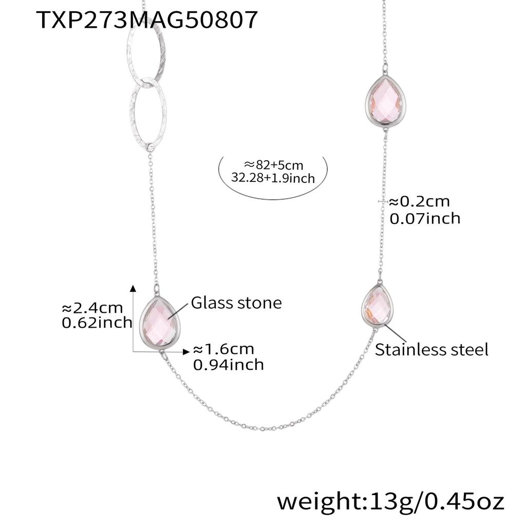 European & American Water Drop Glass Stone Long Sweater Necklace with Hollow Round Ring in Non-Fading Titanium Steel
