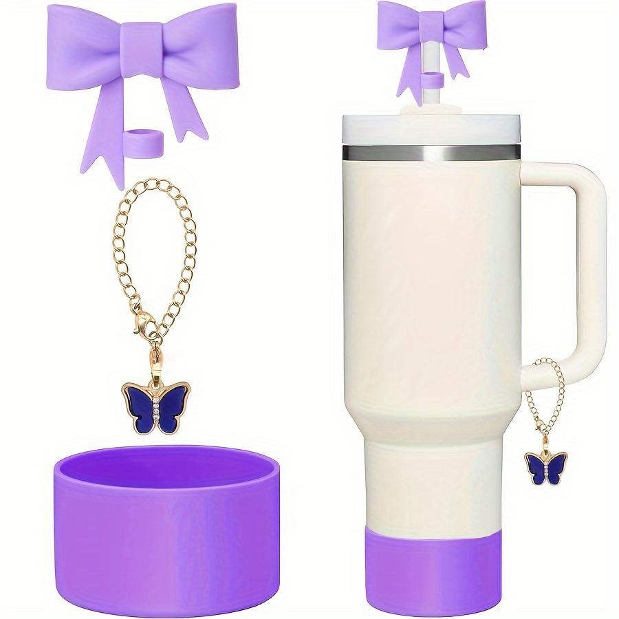 3Pcs Bow Straw Cap Covers Toppers Accessories for Stanley 30&40 Cups Silicone Boot Butterfly Charm Chain for Tumbler with Handle