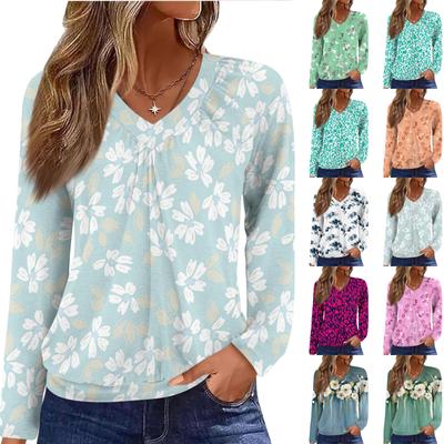 Damen Casual Mode V-Ausschnitt Raglan Plissee Floralprint Langarm Top