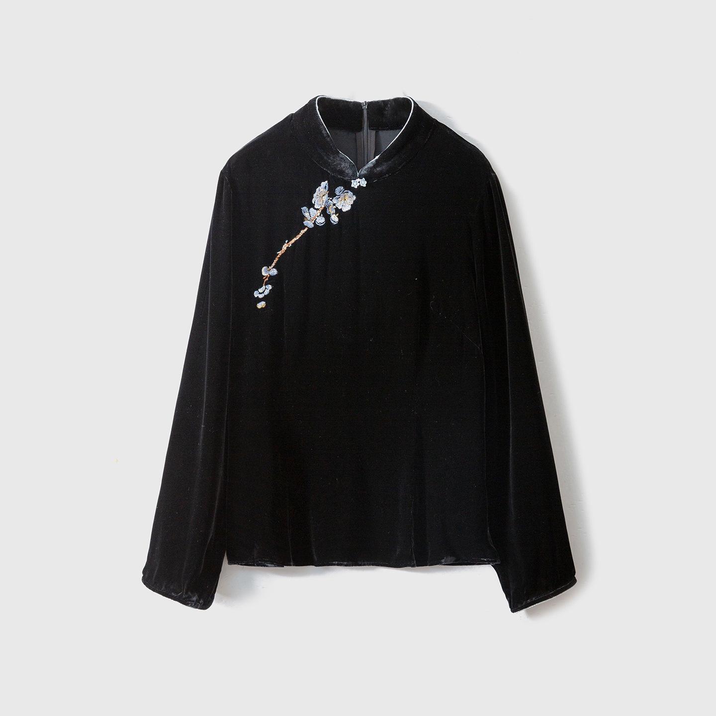 

Embroidered Velvet Stand Collar Long Sleeve Women s Slimming Winter Pullover Medium чорний