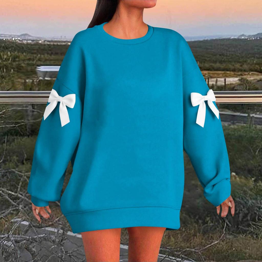 Women's Solid Color Bow Round Neck Long Sleeved Loose Pullover Sweater Sweatshirt