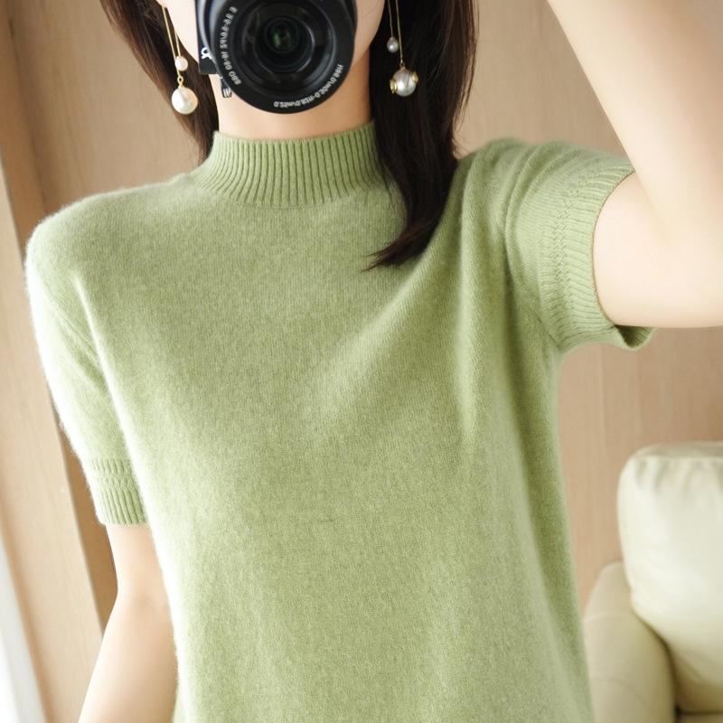 Elegante Suéter de Punto de Manga Corta con Cuello Medio Alto - Estilo Socialité Primavera y Otoño, Capa Base de Corte Holgado