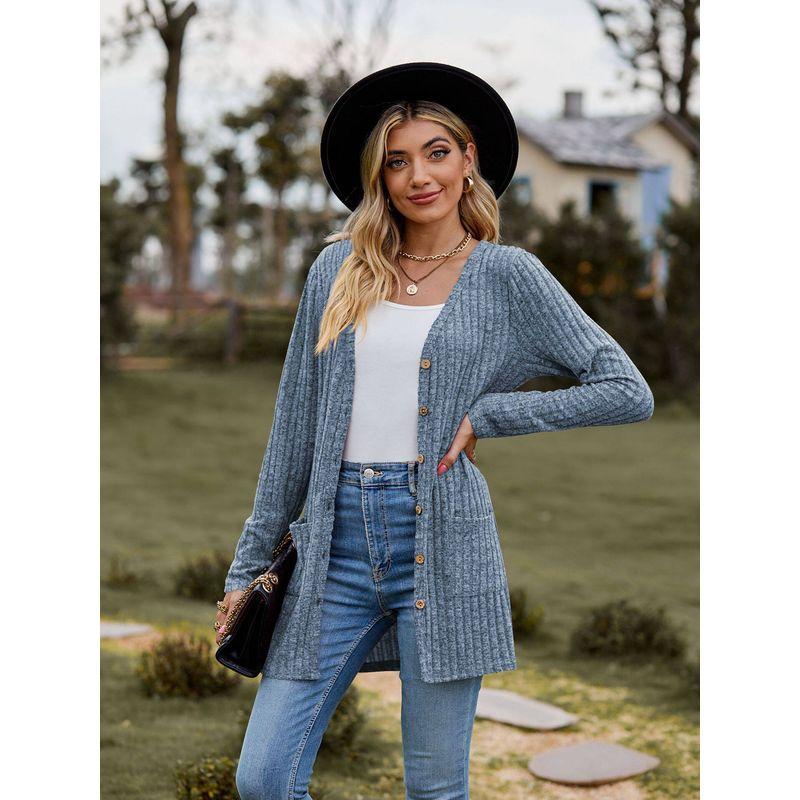 2023 Cross-Border Autumn New Women's Clothing Amazon Women's Brushed Ribbed Solid Color Long-Sleeve Cardigan Jacket