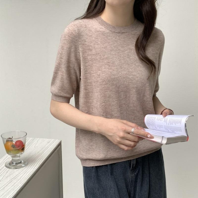 Wool round neck loose pullover knitted bottom women's age-reducing inner short-sleeved sweater