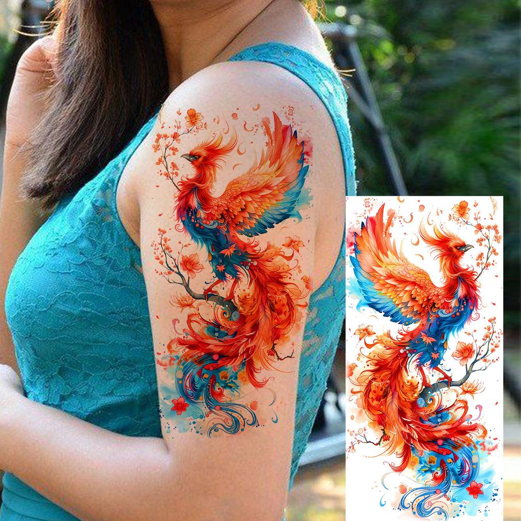 1 Sheet Phoenix Watercolor Temporary Tattoos For Women Girls Fake Covers Up Water Transfer Tattoo Sticker Adults Arm Waist Thigh
