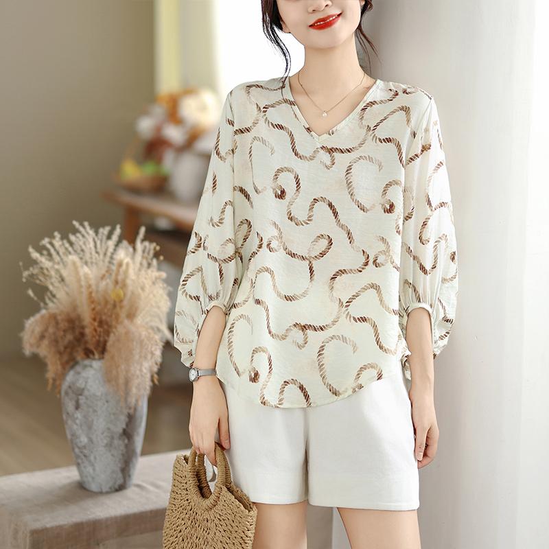 DIMANAF 2026 Women Plus Size New Summer Blouse Shirt Thin Casual Loose Lady Tops Print Shirts