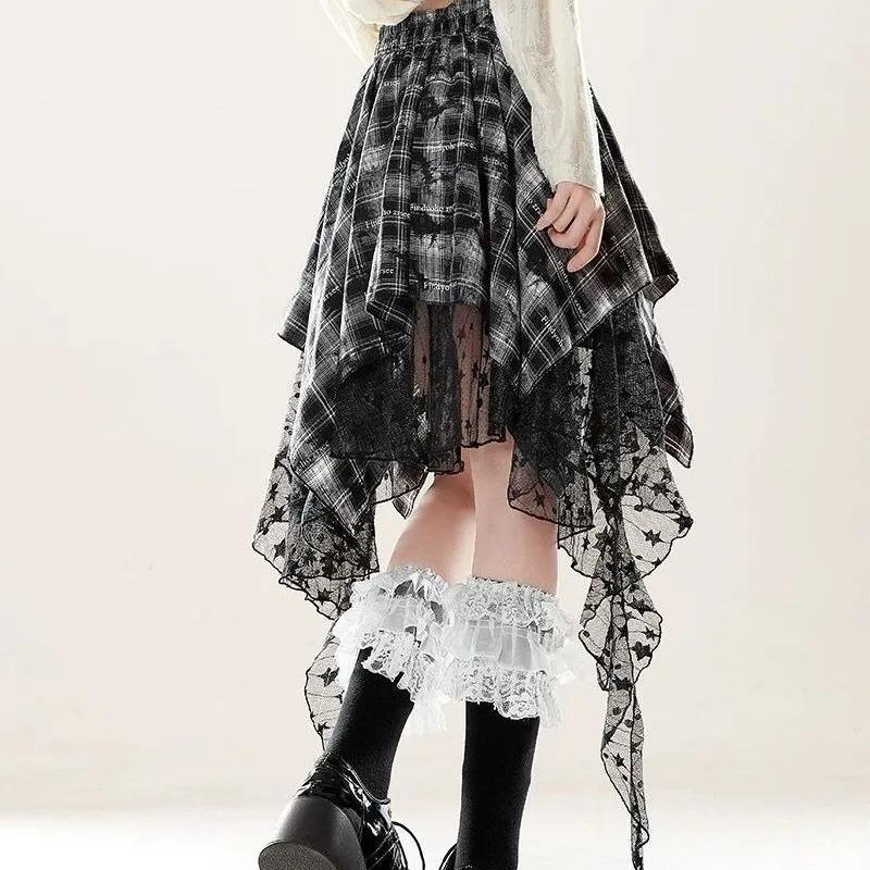 Womens Plaid Star Mesh Irregular Hem Skirt