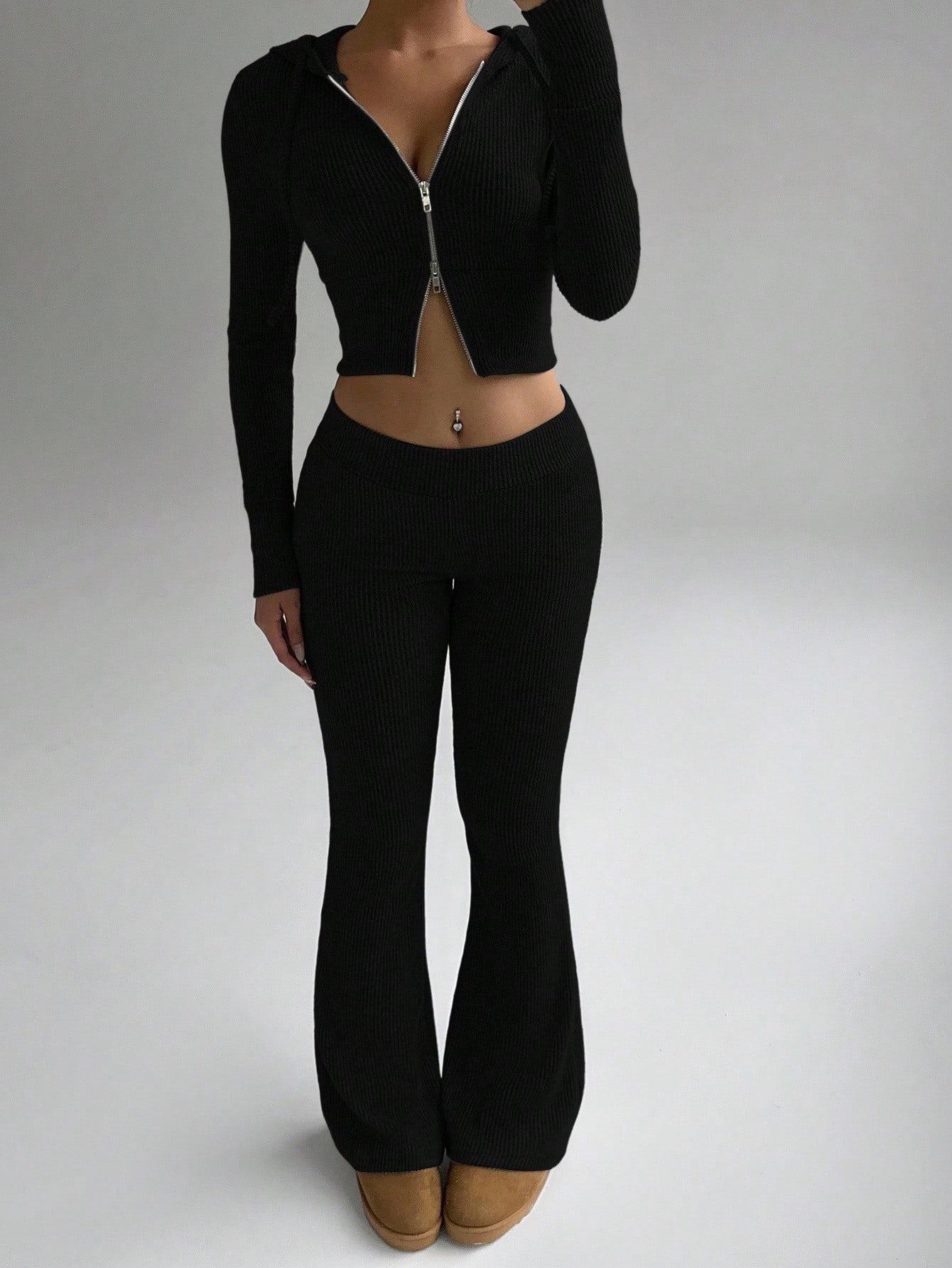 

Комплект женский худи на молнии и спортивные штаны в европейском и американском стиле - Коллекция Осень/Зима M чёрный