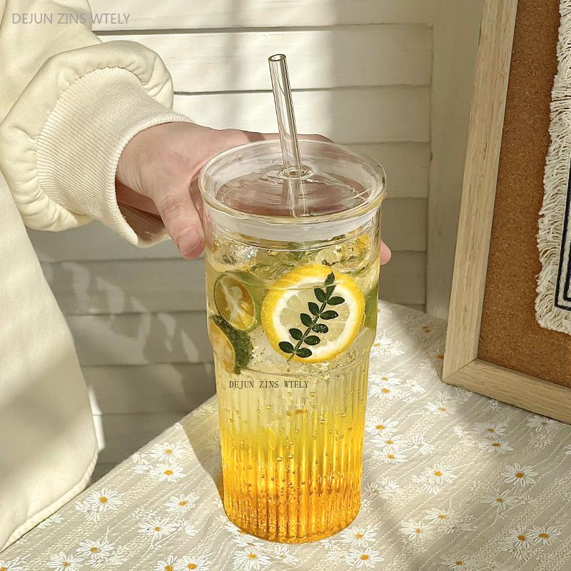 600ml Stripe Glass Cup with Lid and Straw Transparent Drinking Glasses for Juice Water and Iced Coffee Cups Mug Drinkware