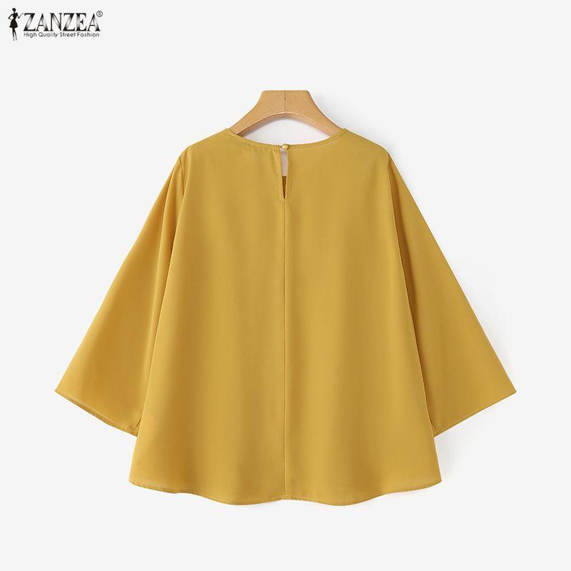 ZANZEA Women Casual Round Neck Solid Color 3/4 Sleeve Loose Blouse