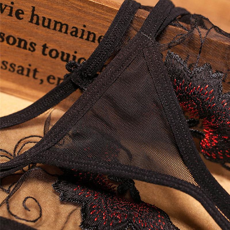 Sexy Embroidered Lingerie Women's Panties Mesh Lace Transparent Thong Crotch Opening G-strings Brief Erotic Hollow Underwear
