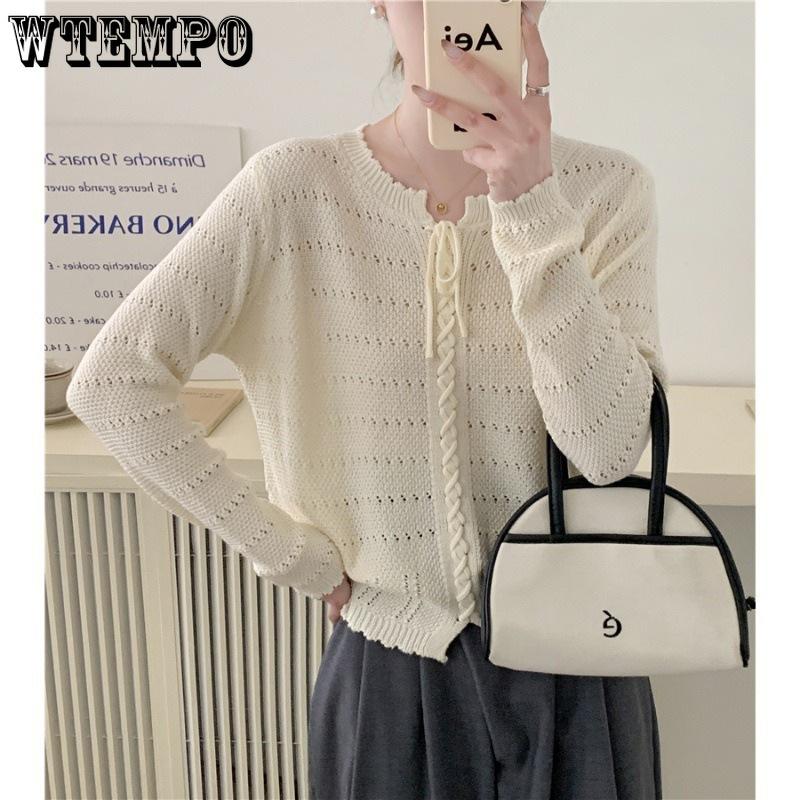 Spring Solid Color Sweater Top Thin Lace Round Neck Knitted Sweater for Women
