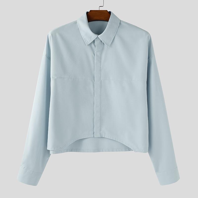 INCERUN Oversized Men Lapel Neck Long Sleeve Casual Loose Cropped Shirts