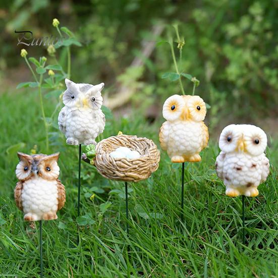 Easy-assembly Garden Stakes Owl Ornaments, Metal Rod Resin Sculpture for Succulents Potted Plants, Micro Weatherproof Decorations Landscape
