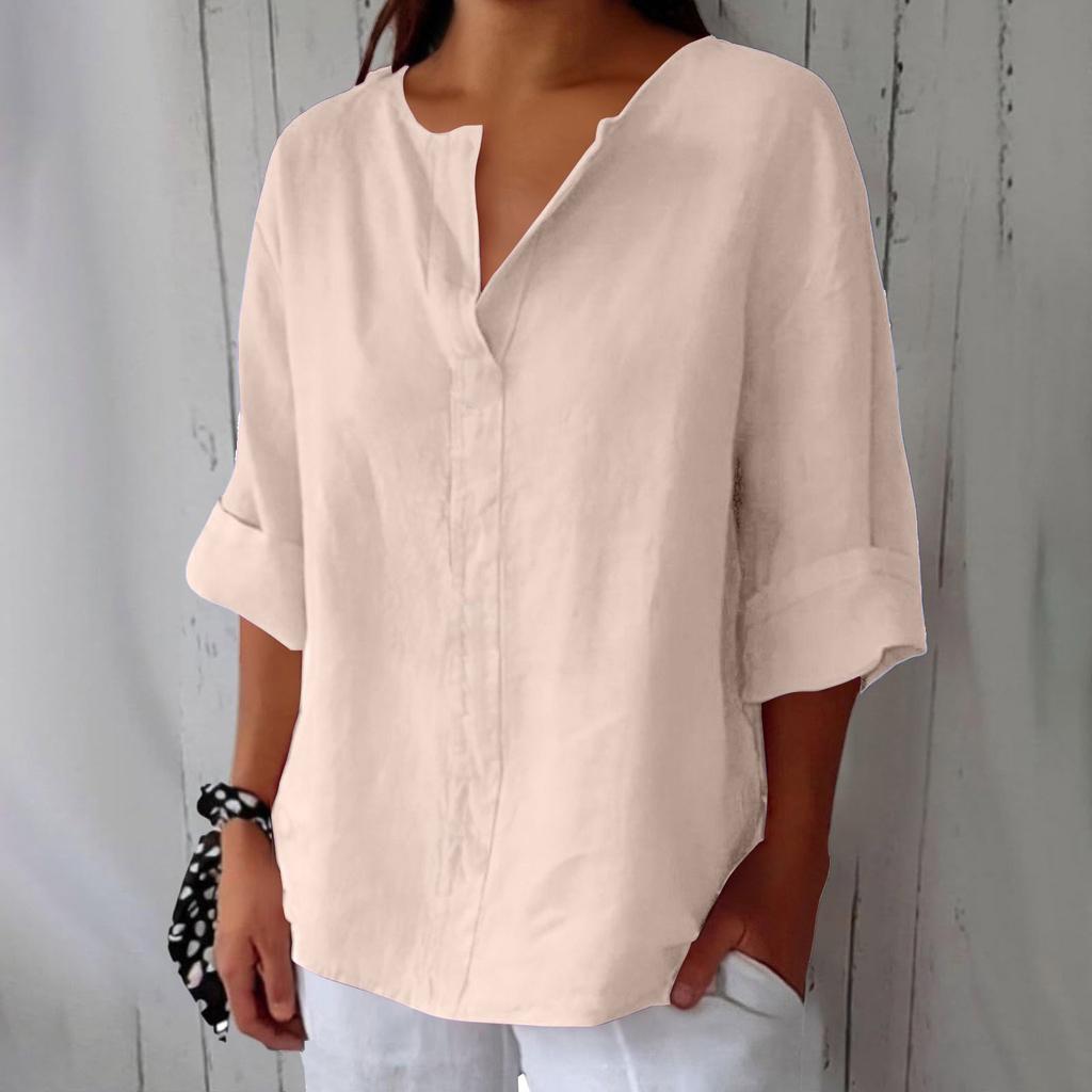 Women's Fashionable Loose-Fit V-Neck T-Shirt Cotton-Linen Blend Casual Top