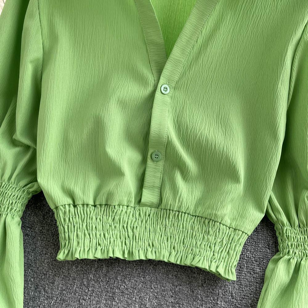 Bubble Sleeve Blouse Top Women's Waisted Short Chic Temperament Shirt