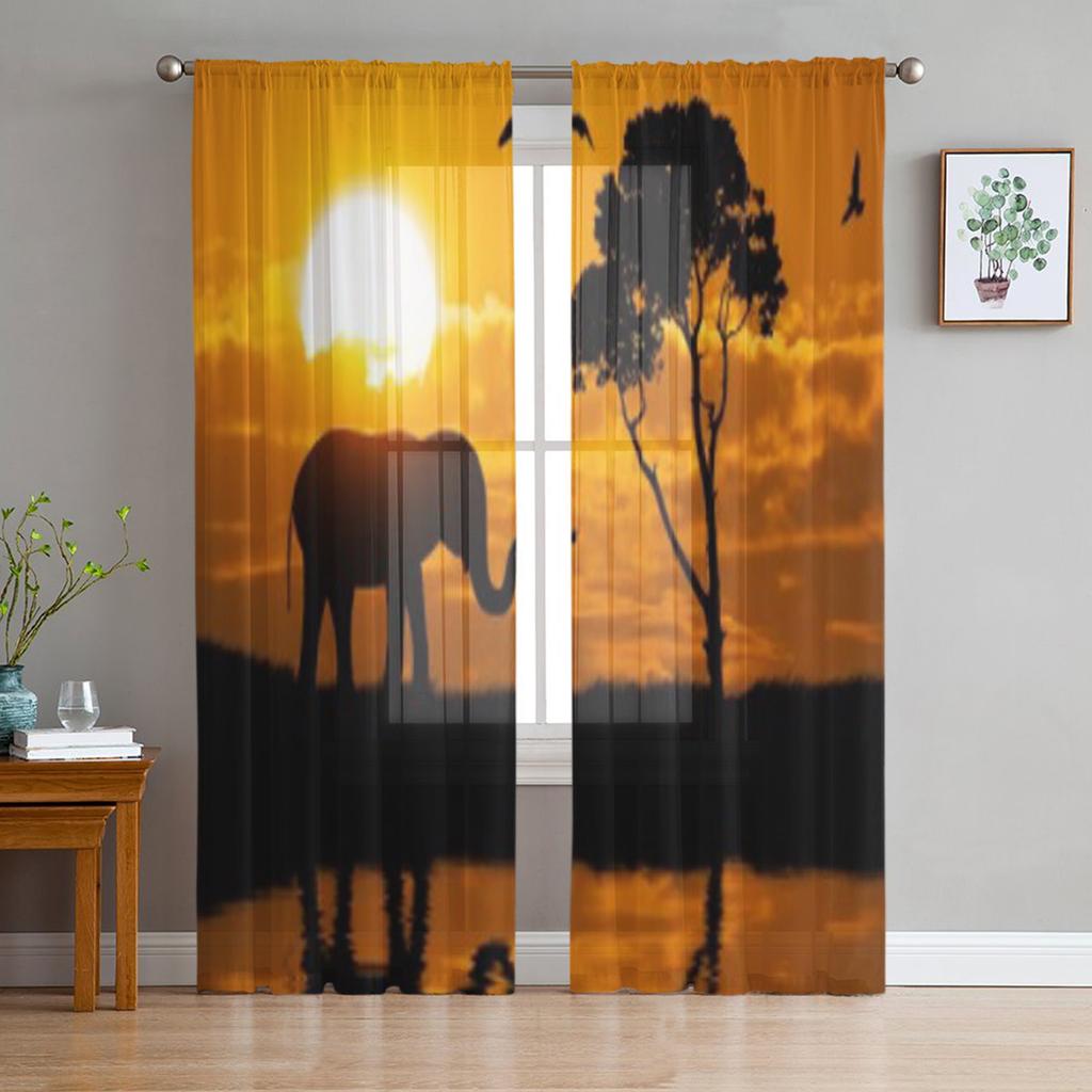 Silhouette Of Elephant Luxurious Chiffon Sheer Curtains for Living Room Bedroom Decoration Window Voiles Tulle Curtain