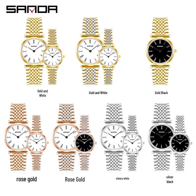 Sanda Trendy Diamond Roman Numeral Couple Watches - Steel Band, Waterproof Women's Wristwatch