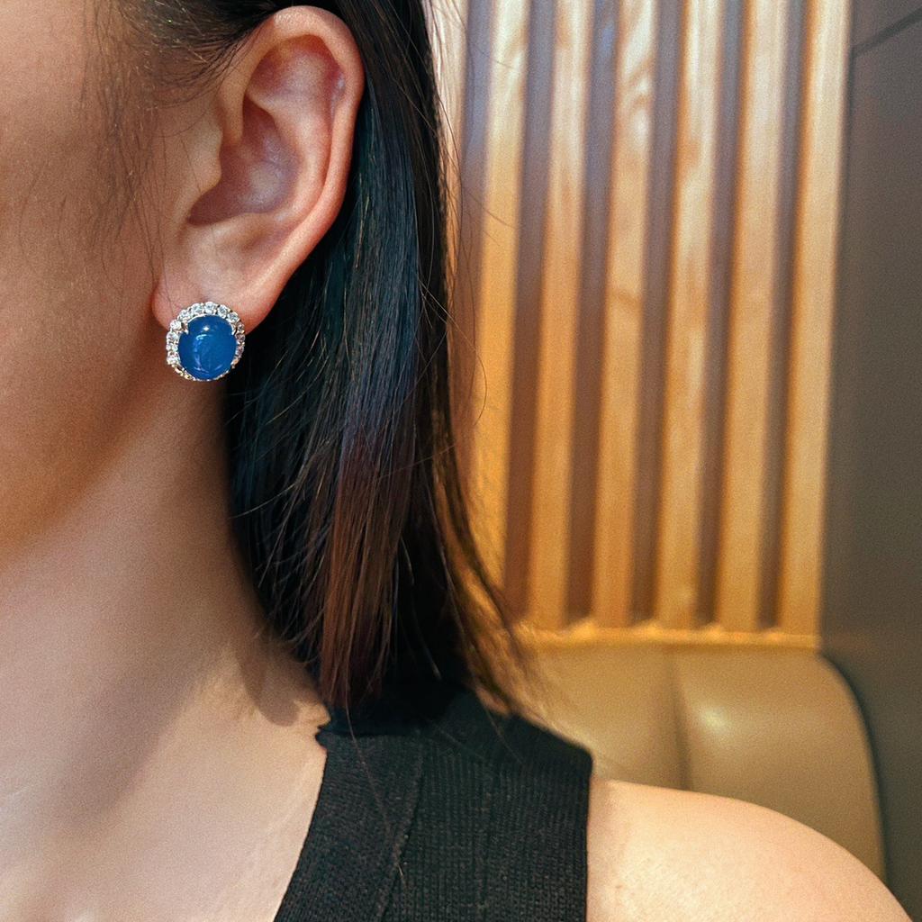 Jade Blue Ice Light Natural Blue Chalcedony Earrings Agate Studs, Real Shot