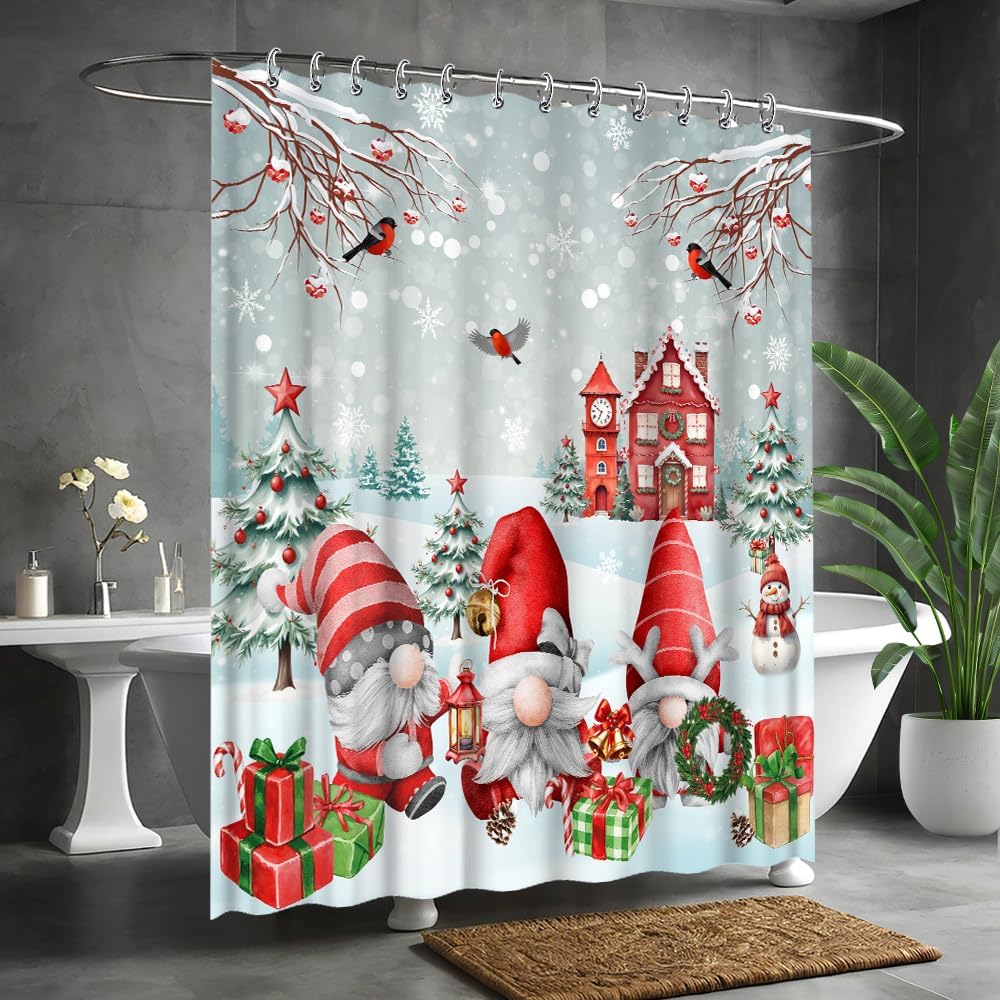 Christmas Claus Gnomes Shower Curtain Enchanted Woodland Elves Santa Snow Xmas Tree Christmas Party Decorations WaterproofFabric