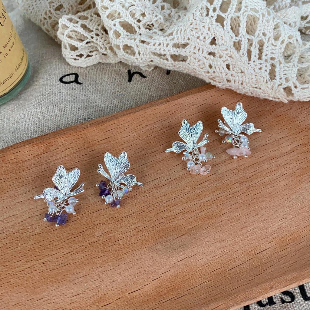 Niche Light‑Luxury Stud Earrings Silver‑Tone Butterfly Crystal Beaded High‑End Versatile Decor Earrings