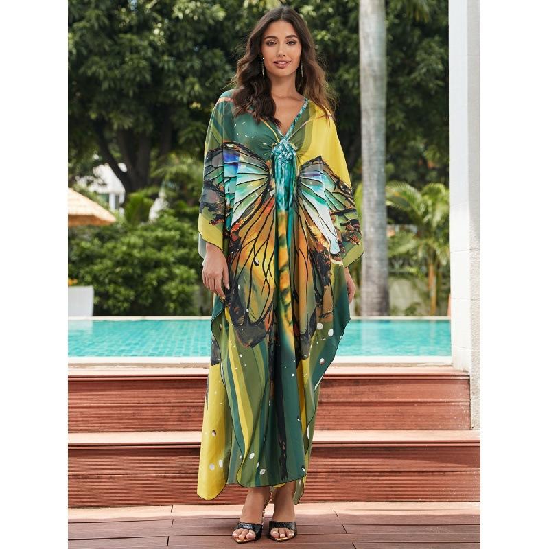 Vacation dress, long robe, loose positioned print beach cover-up, bikini dress