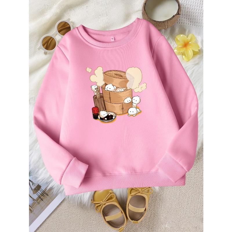 Fashion Girls' Round Neck Sweatshirt, Cute Steamed Bun Character Print Top, Playful Baozi Pattern Top, Steamed Bun In Steamer Character Print