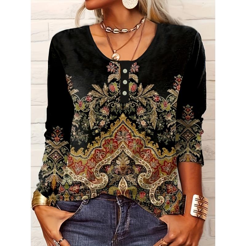 Women's V-neck Casual Ethnic Style Printed Button Up Oversized Women's T-shirt