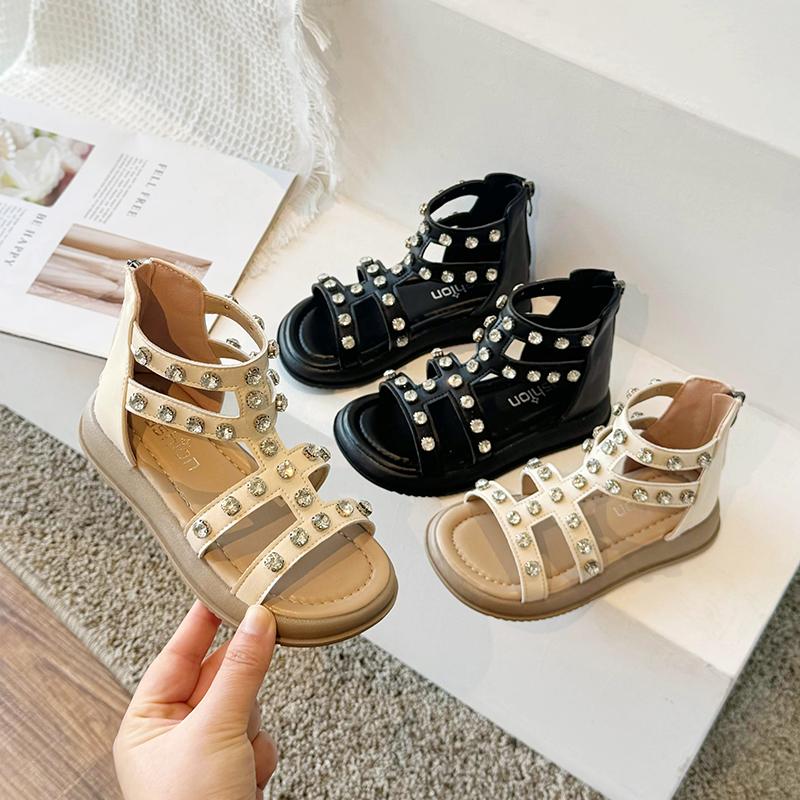 Girls' Sandals  Summer New Children's Shoes Little Girls' Princess Shoes Soft Bottom Casual Rhinestone Roman Shoes Trendy
