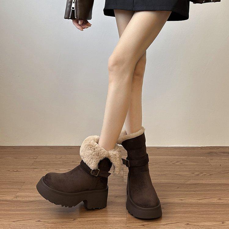 

2025 new thick-soled snow boots winter new round head versatile velvet thickened two wear turned hair short tube snow cotton 40 коричневый
