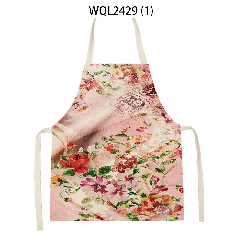 Home Flower Printed Linen Pinafore Kitchen Apron Women Men Home Cooking Baking Waist Bib Kitchen Accesories Apron 47x38cm