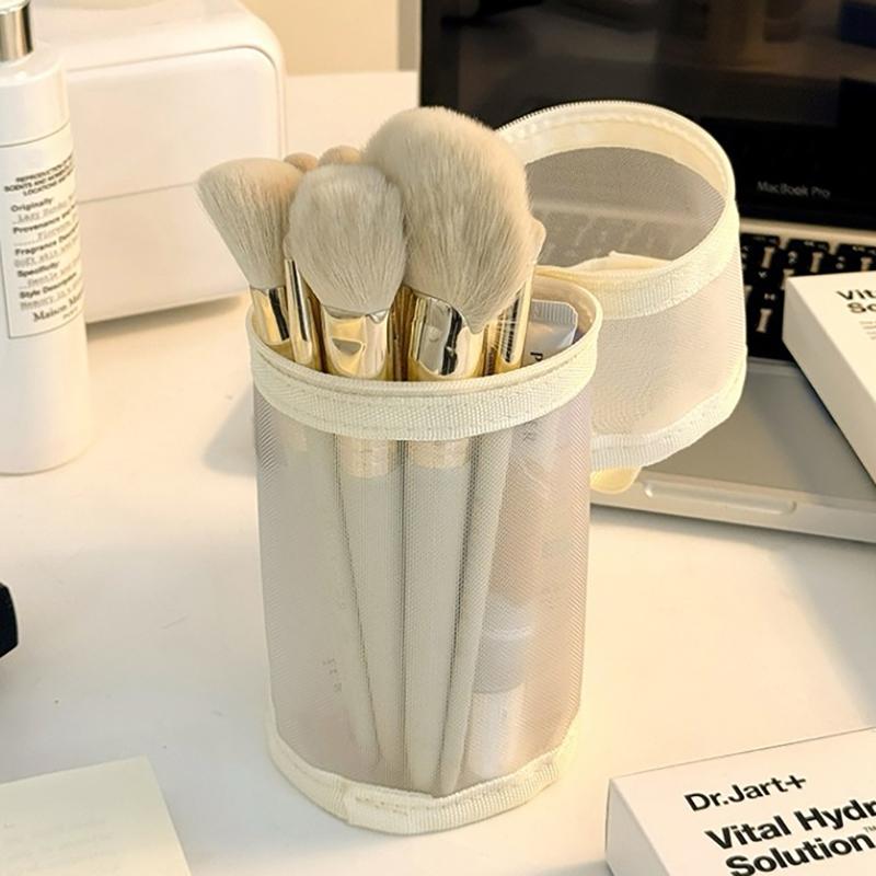 Mesh Dual-Use Makeup Brush Storage Bag Portable Brush Case Simple Large Capacity Brush Bucket Holder Travel Stand-Up Pouch