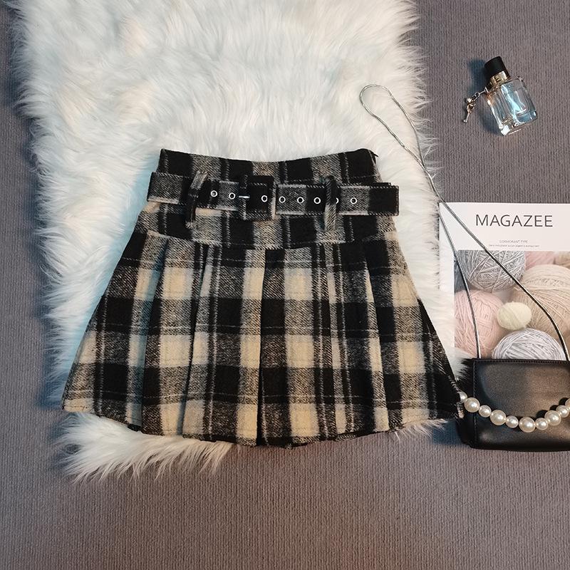 High-Waisted Plaid Woolen Pleated Skirt - Women's A-Line Autumn/Winter 2025 Academy Style